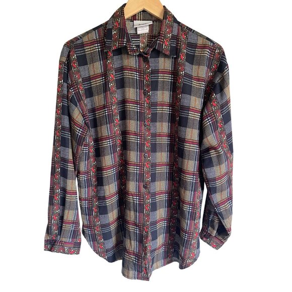 Vintage VTG 90s Y2K Lucia Paisley Plaid Mixed Print Button Up Collared Long Slee - Picture 1 of 8